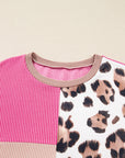 Plus Size Leopard Corded Knit Patchwork Long Sleeve Top