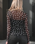 Polka Dot Mesh Mock Neck Long Sleeve Top
