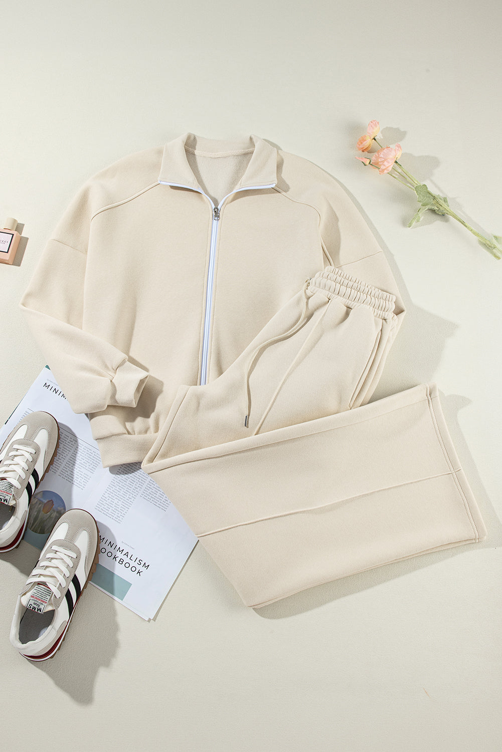 Solid Zip-Up Jacket and Drawstring Pants Set
