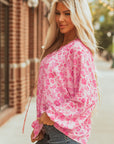 Floral Puff Sleeve Split Neck Lightweight Blouse