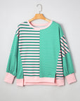 Green Stripe Color Block Exposed Seam Side Slit Plus Size Sweatshirt