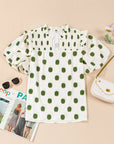 Polka Dot Shirred Notched Neck Balloon Sleeve Blouse