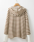 Brown Stripe Quarter Buttons Drop Sleeve Plus Size Hoodie
