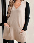 Solid Ribbed Trim Deep V-Neck Sleeveless Tunic Sweater