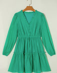 Solid Frilly V-Neck Puff Sleeve Mini Dress
