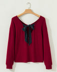 Bow Back Ribbed Knit V-Neck Drop Shoulder Top