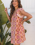Alexandria Floral V Neck Buttoned Ruffled Sleeve Mini Dress