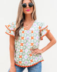 Geometric Floral V-Neck Layered Flutter Sleeve Blouse