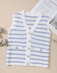 Stripe Buttoned V-Neck Sweater Knit Top