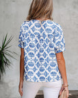 Geometric Tassel Tie V-Neck Short Sleeve Blouse