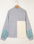 Floral Stripe Collared V-Neck Drop Sleeve Sweatshirt