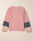 Floral Patchwork Textured Knit V-Neck Blouse