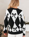 Bow Colorblock Rhombus Drop Shoulder Sweater