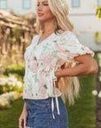 Alaiya Floral Puff Sleeve V Neck Tied Front Peplum Blouse