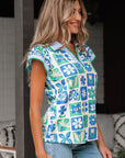 Floral Plaid Trim Collar Flutter Sleeve Blouse