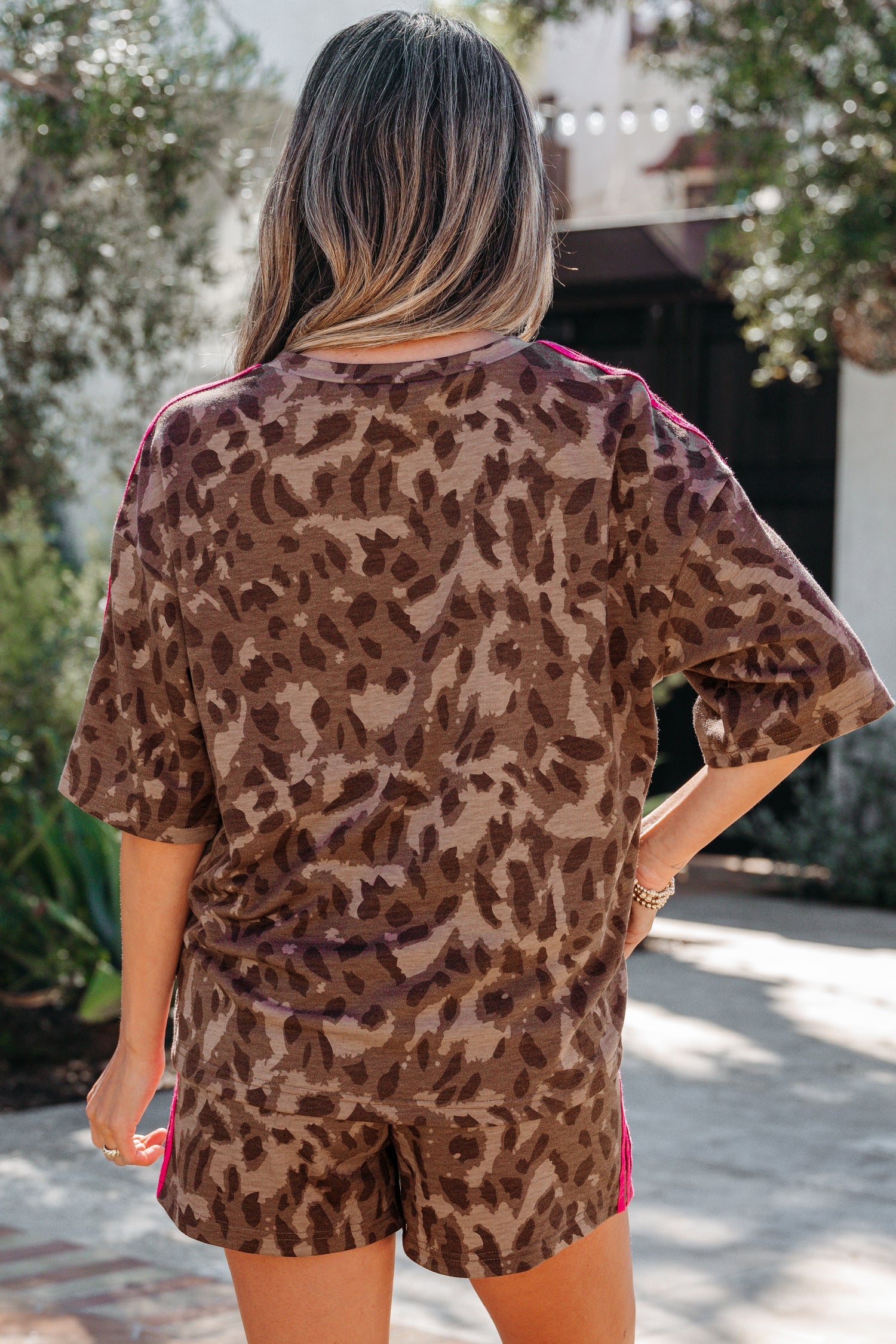 Leopard Contrast Stripe Tee &amp; Shorts Set