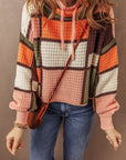Colorblock Waffle Knit Drawstring Mock Neck Sweater