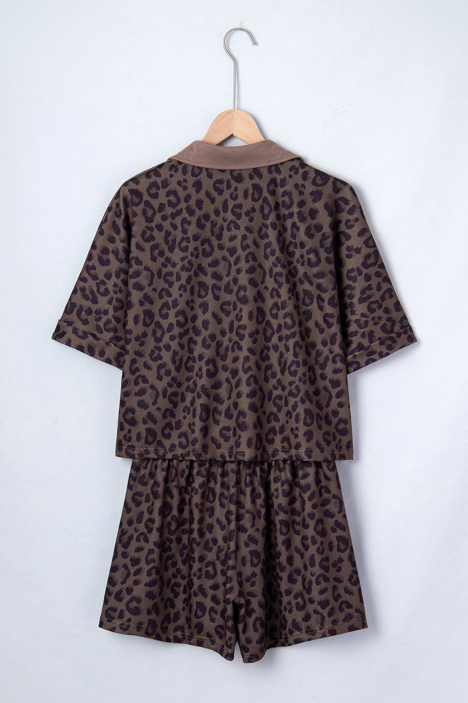 Leopard Collared V-Neck Top &amp; Shorts Set