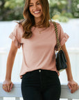 Solid Ribbed Knit Ruffle Short Sleeve T-Shirt