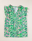 Abstract Ruffle Trim Tied Neck Tank Top