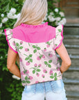 Stripe Strawberry Patchwork Flutter Sleeve V-Neck Blouse