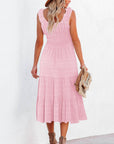 Shirred Pleated Square Neck Sleeveless Midi Dress