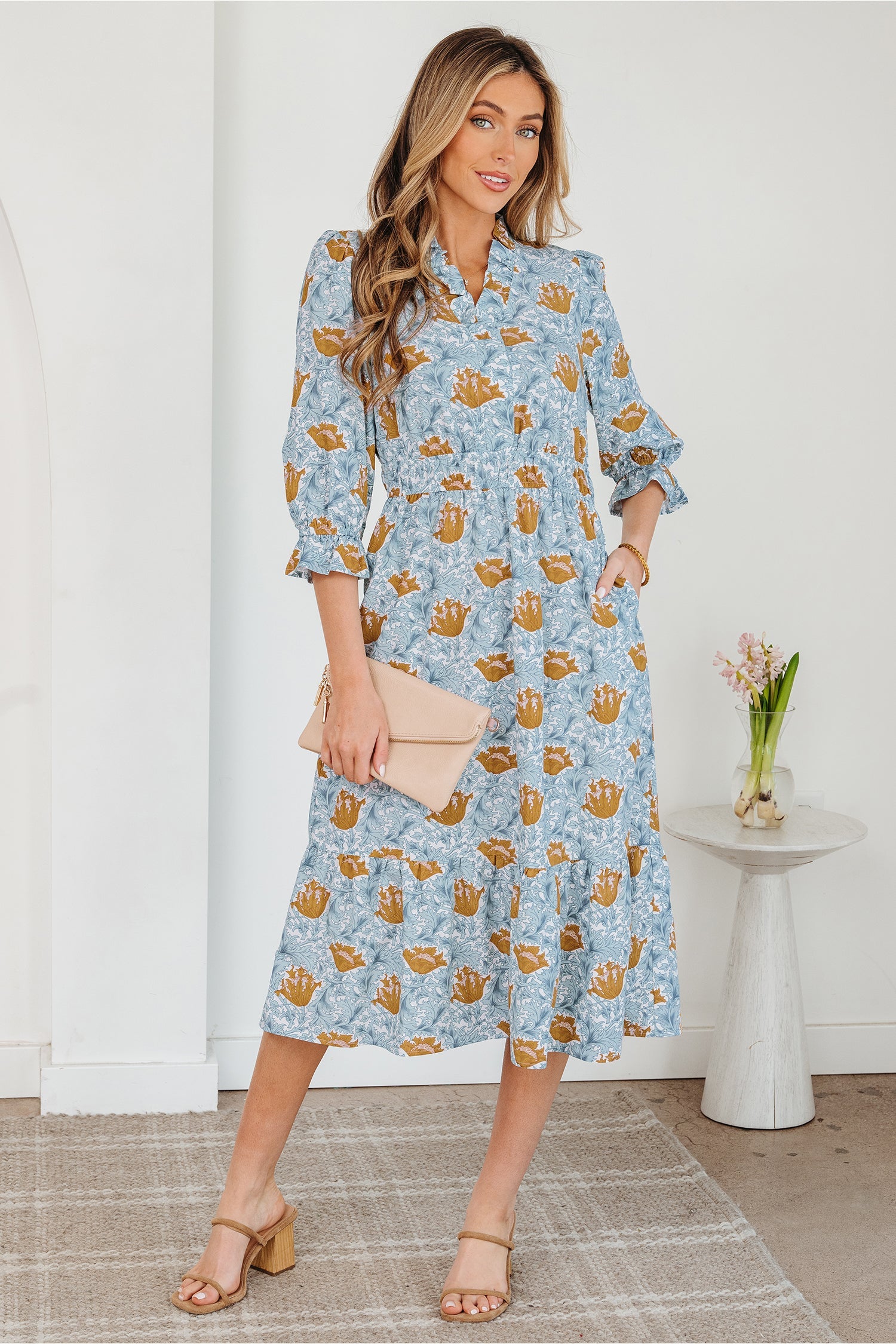 Floral Frilled V-Neck 3/4 Sleeve Midi Dress