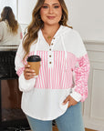 Plus Size Stripe Leopard Patchwork Waffle Knit Buttoned Hoodie