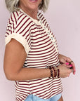 Stripe Half Buttoned Short Sleeve Top