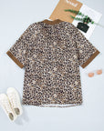 Plus Size Leopard Patchwork Crinkled V-Neck Blouse