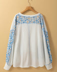 Floral Patchwork Batwing Sleeve V-Neck Blouse