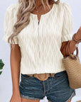 Solid Textured Notch Neck Puff Sleeve Blouse