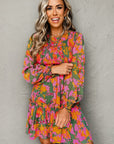 Floral Smocked Ruffle Hem Long Sleeve Mini Dress