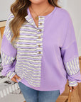 Purple Stripe Patchwork Buttoned Drop Shoulder Plus Size Pullover