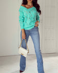 Hollow-Out Knit V-Neck Drop Shoulder Sweater