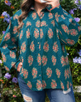Plus Size Floral Lace Trim Pleated Buttoned Shirt