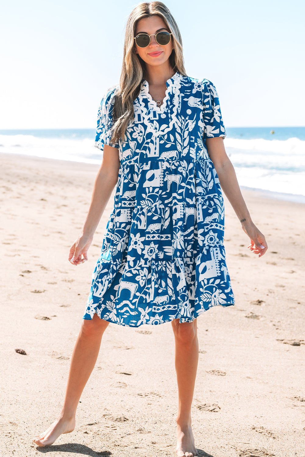 Halle Ricrac Trim Split Neck Floral Loose Dress