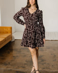 Brown Ditsy Floral Print Split Neck Long Sleeve Shirred Waist Flared Mini Dress
