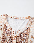 Boho Floral Half Placket Short Sleeve Blouse