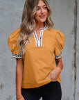 Leopard Contrast Trim Split Neck Puff Sleeve Blouse