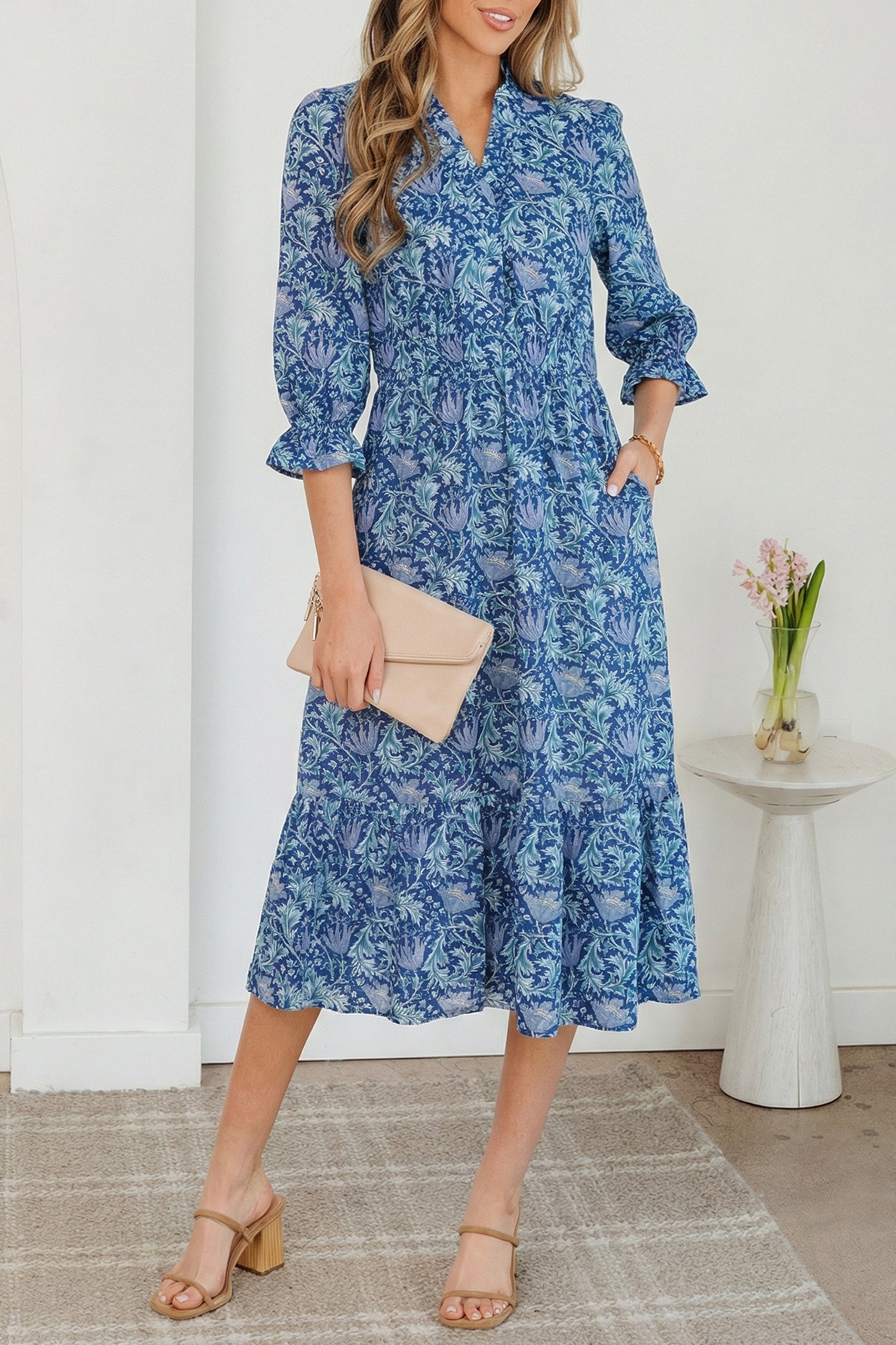 Floral Frilled V-Neck 3/4 Sleeve Midi Dress