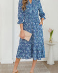 Floral Frilled V-Neck 3/4 Sleeve Midi Dress