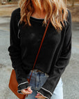 Solid Waffle Knit Round Neck Long Sleeve Top