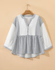 Stripe Gauze Patchwork Half Buttoned Babydoll Blouse