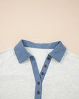 Denim Patchwork Polo Collar Long Sleeve Top