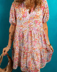 Floral Puff Sleeve V-Neck Tiered Mini Dress