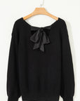 Ribbon Knot Backless Drop Shoulder Ribbed Sweater