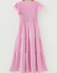 Smocked V-Neck Flutter Sleeve Tiered Midi Dress