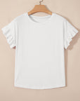 Solid Ribbed Knit Ruffle Short Sleeve T-Shirt