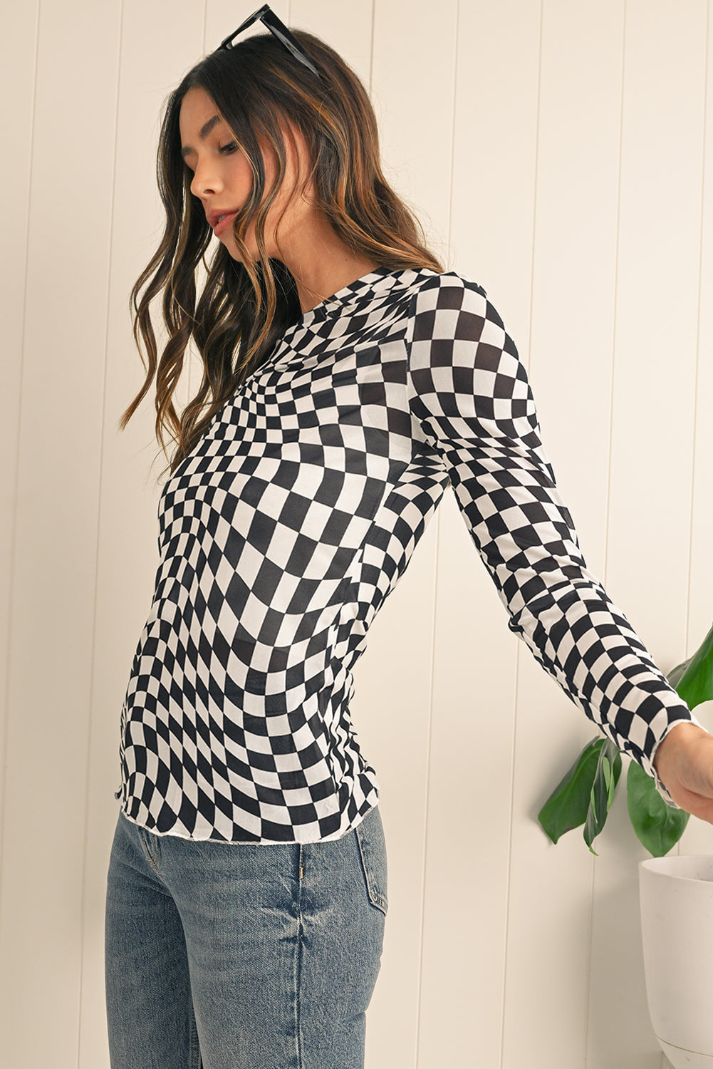Checkered Pattern Mesh Long Sleeve Top